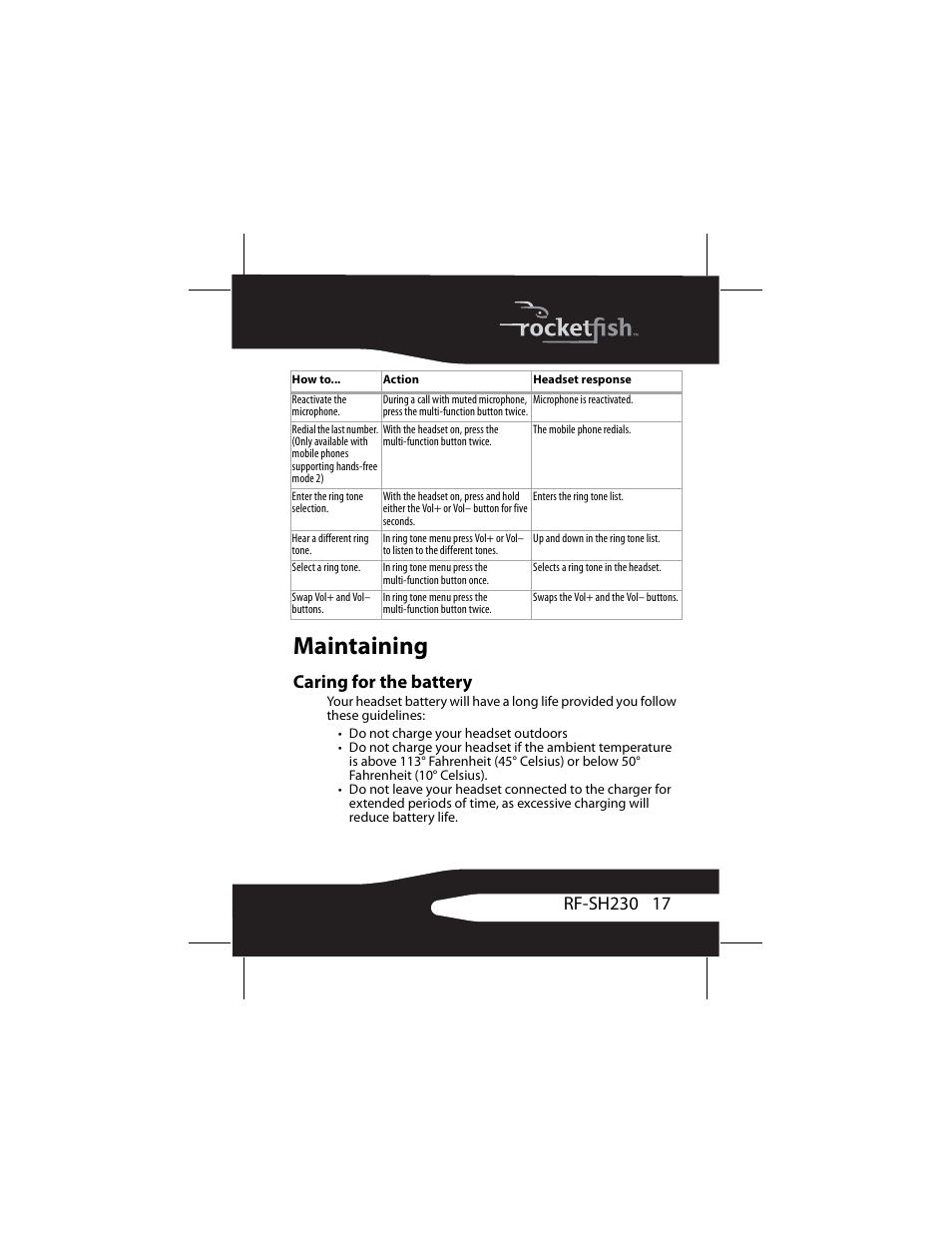 Maintaining, Caring for the battery | RocketFish RF-SH230 User Manual | Page 17 / 80