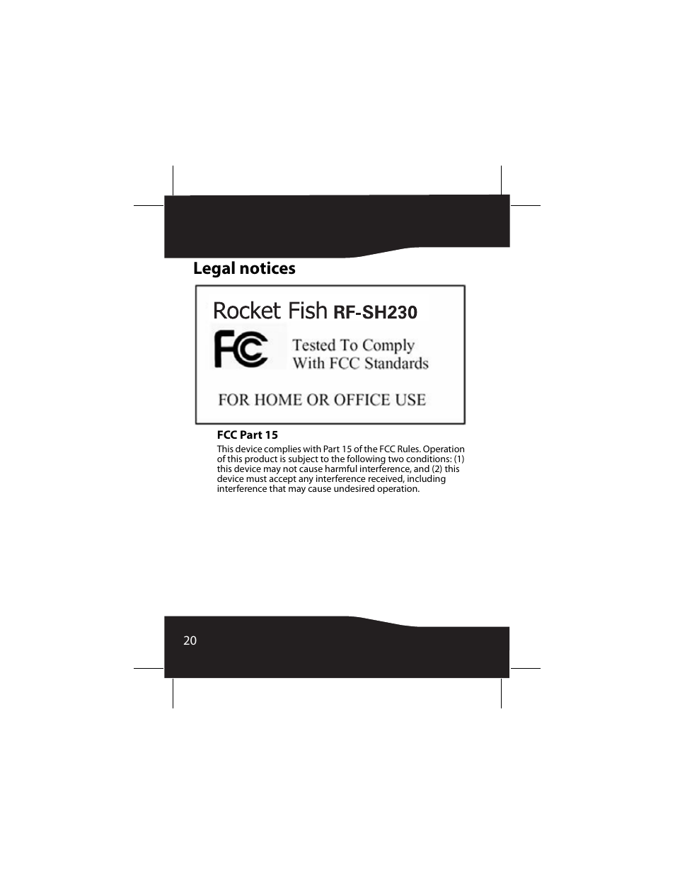 Legal notices, Fcc part 15 | RocketFish RF-SH230 User Manual | Page 20 / 80