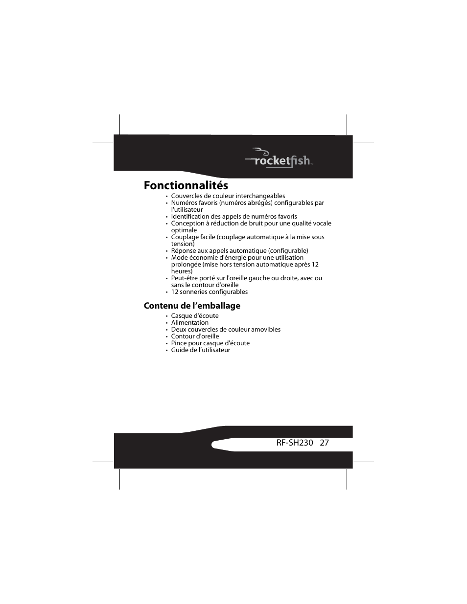 Fonctionnalités, Contenu de l’emballage | RocketFish RF-SH230 User Manual | Page 27 / 80