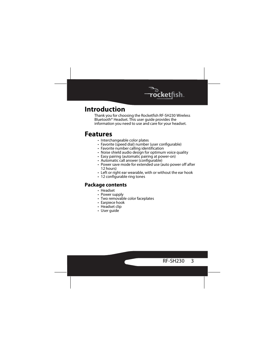 Introduction, Features, Package contents | Introduction features | RocketFish RF-SH230 User Manual | Page 3 / 80