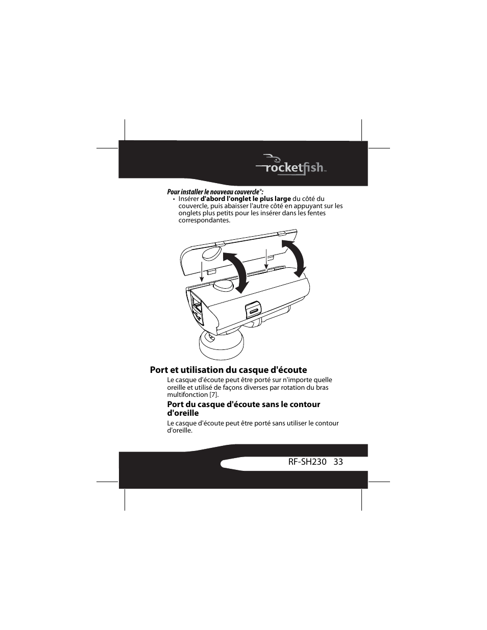 Port et utilisation du casque d'écoute, Port du casque d'écoute sans le contour d'oreille | RocketFish RF-SH230 User Manual | Page 33 / 80