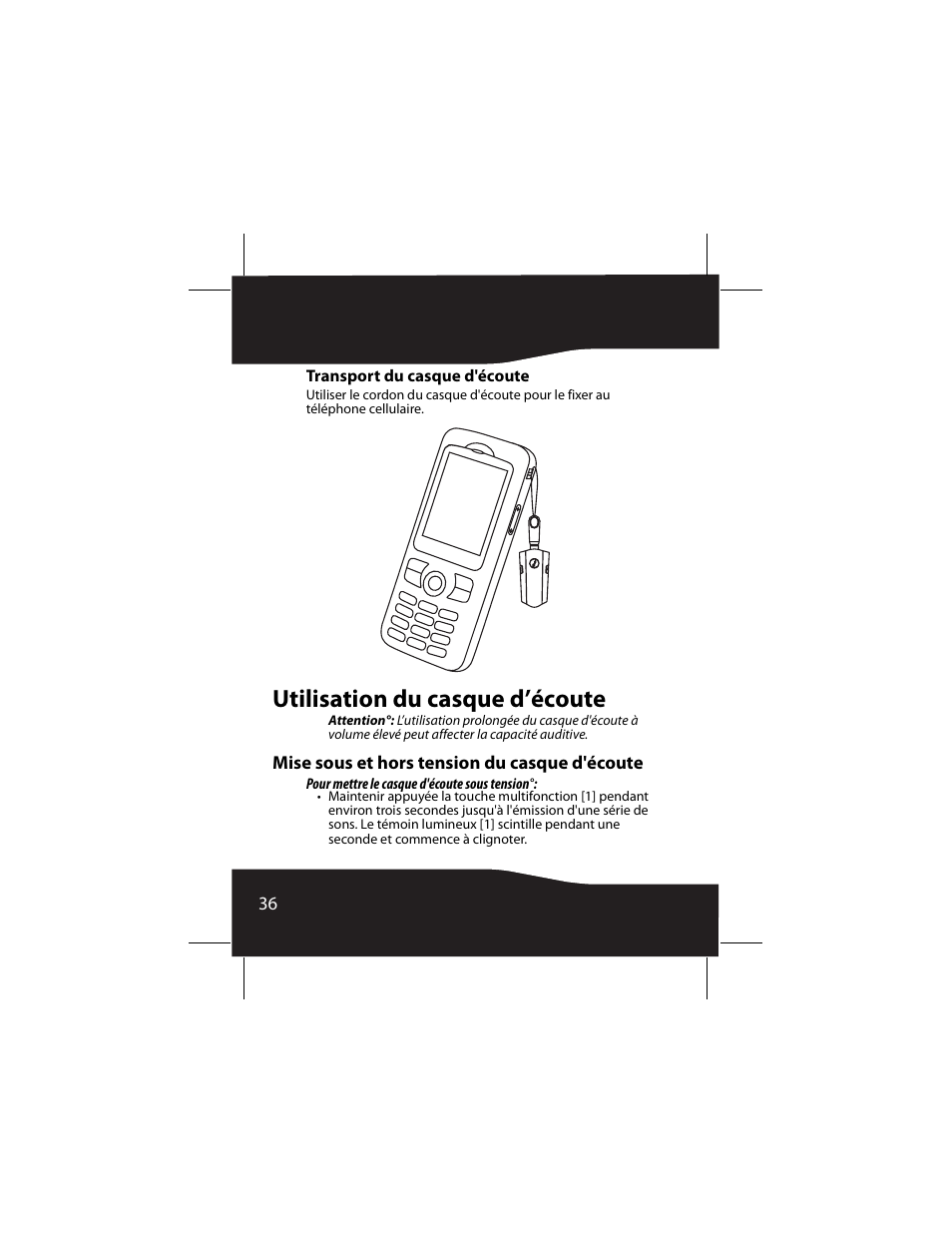 Transport du casque d'écoute, Utilisation du casque d’écoute, Mise sous et hors tension du casque d'écoute | RocketFish RF-SH230 User Manual | Page 36 / 80