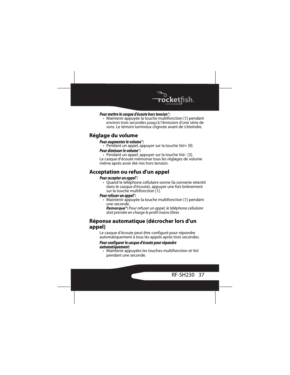 Réglage du volume, Acceptation ou refus d'un appel, Réponse automatique (décrocher lors d'un appel) | RocketFish RF-SH230 User Manual | Page 37 / 80