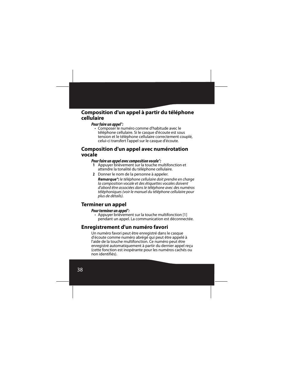 Composition d'un appel avec numérotation vocale, Terminer un appel, Enregistrement d'un numéro favori | RocketFish RF-SH230 User Manual | Page 38 / 80