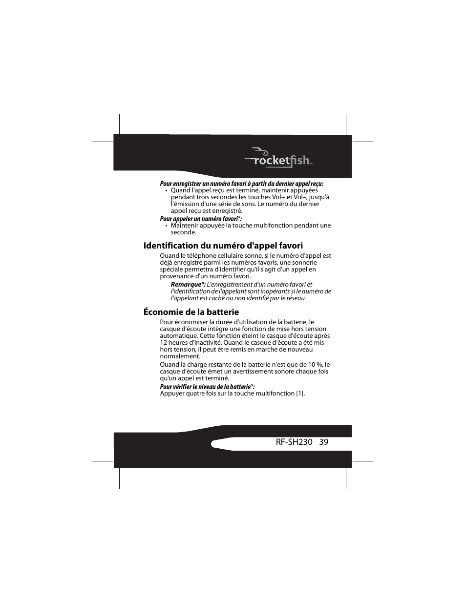 Identification du numéro d'appel favori, Économie de la batterie | RocketFish RF-SH230 User Manual | Page 39 / 80