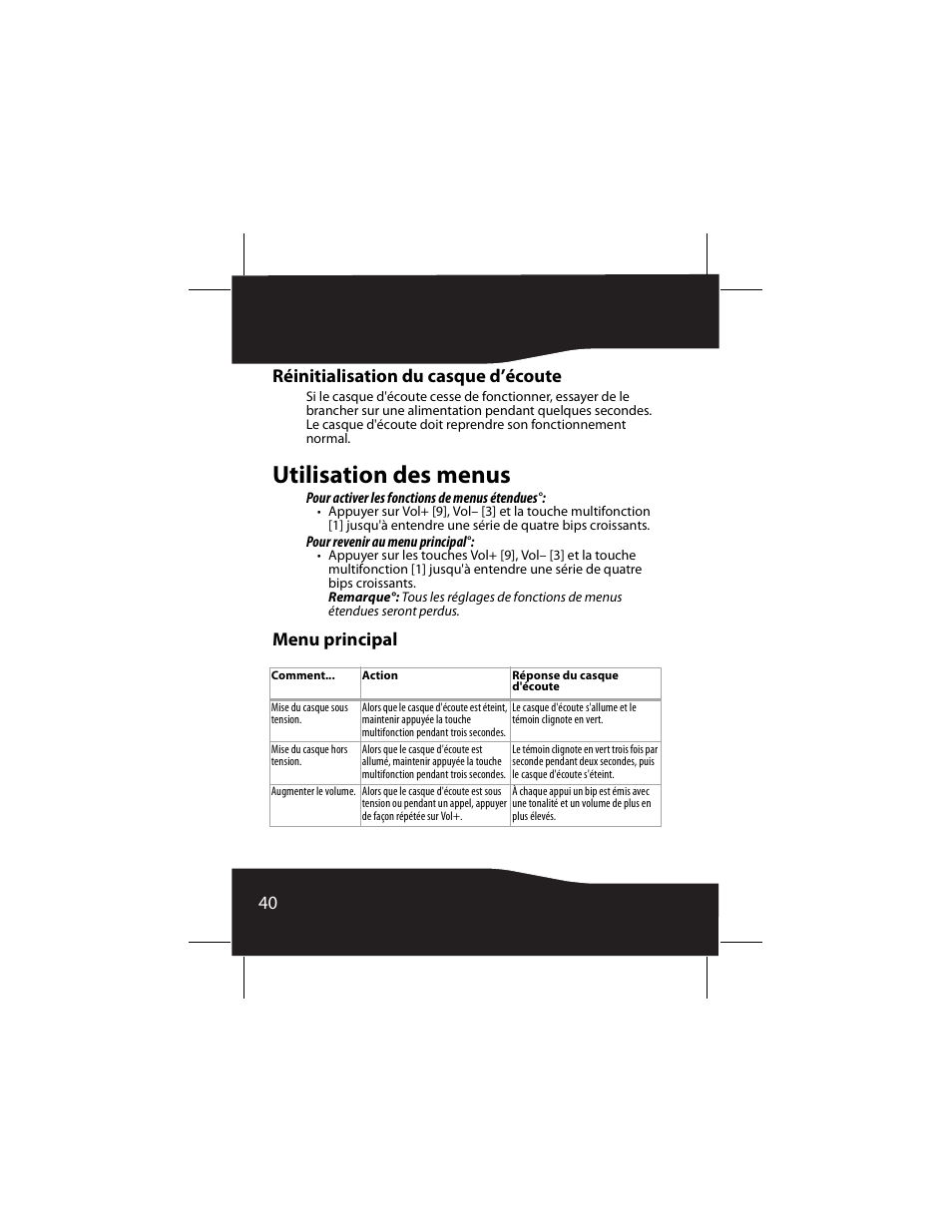 Réinitialisation du casque d’écoute, Utilisation des menus, Menu principal | 40 réinitialisation du casque d’écoute | RocketFish RF-SH230 User Manual | Page 40 / 80