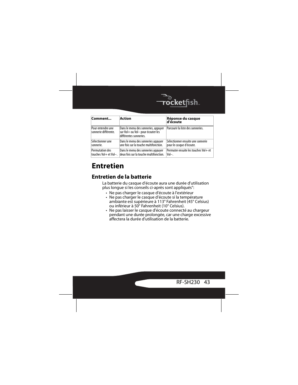 Entretien, Entretien de la batterie | RocketFish RF-SH230 User Manual | Page 43 / 80