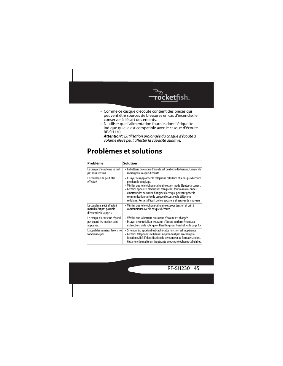 Problèmes et solutions | RocketFish RF-SH230 User Manual | Page 45 / 80