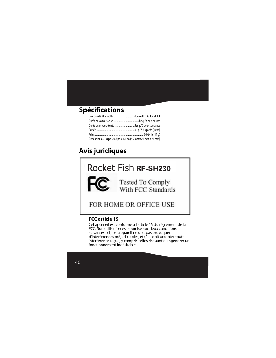 Spécifications, Avis juridiques, Fcc article 15 | Spécifications avis juridiques | RocketFish RF-SH230 User Manual | Page 46 / 80