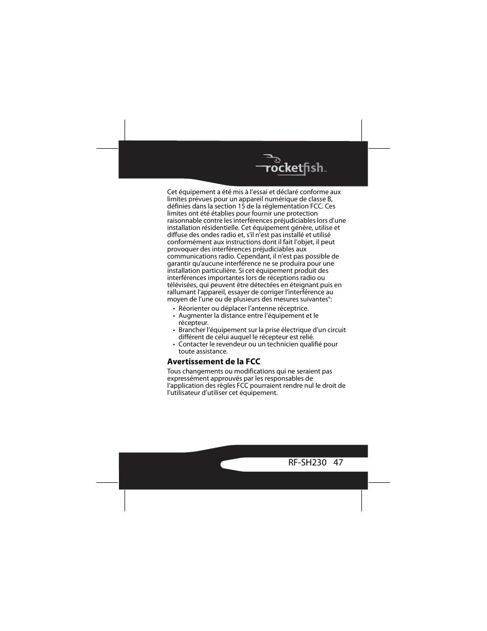 Avertissement de la fcc | RocketFish RF-SH230 User Manual | Page 47 / 80