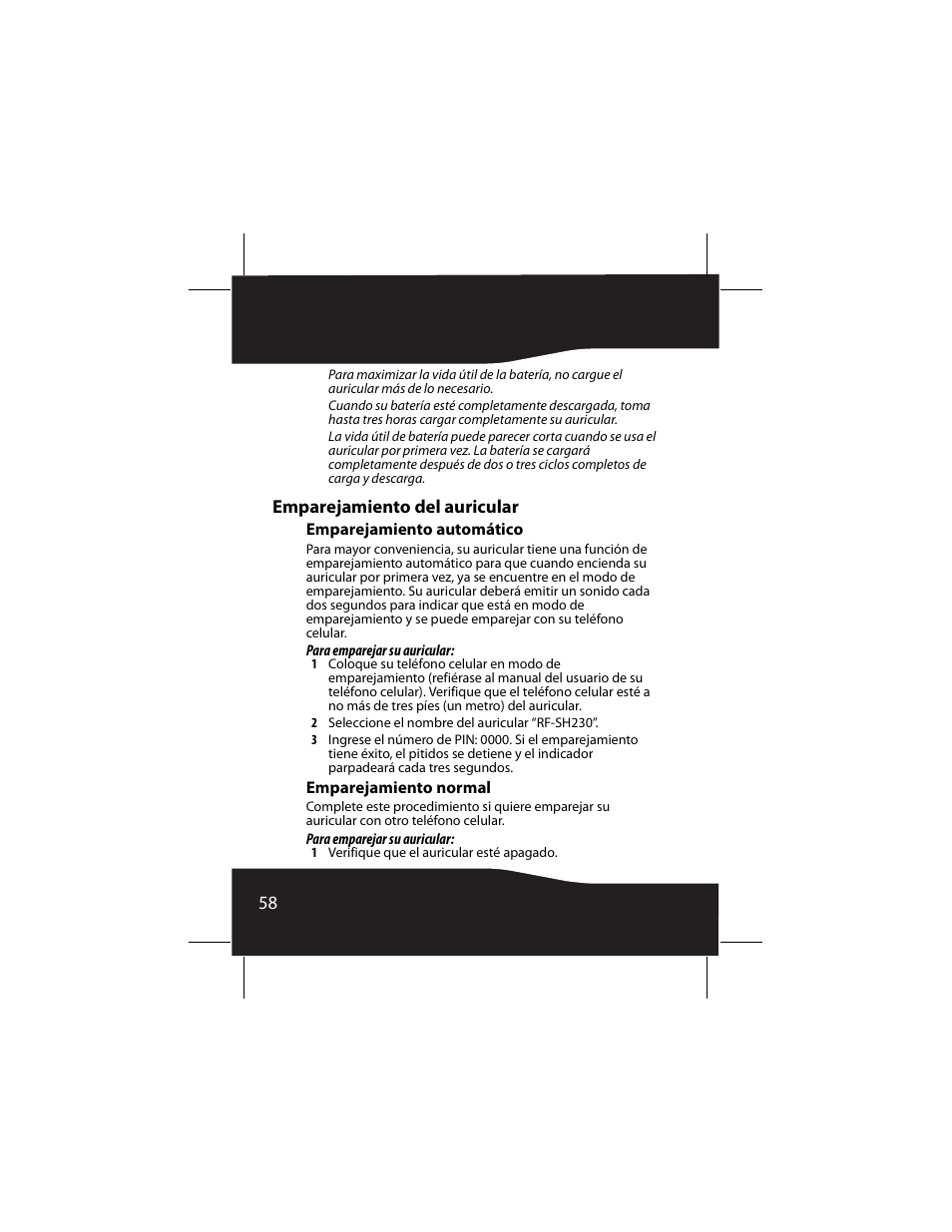 Emparejamiento del auricular, Emparejamiento automático, Emparejamiento normal | RocketFish RF-SH230 User Manual | Page 58 / 80