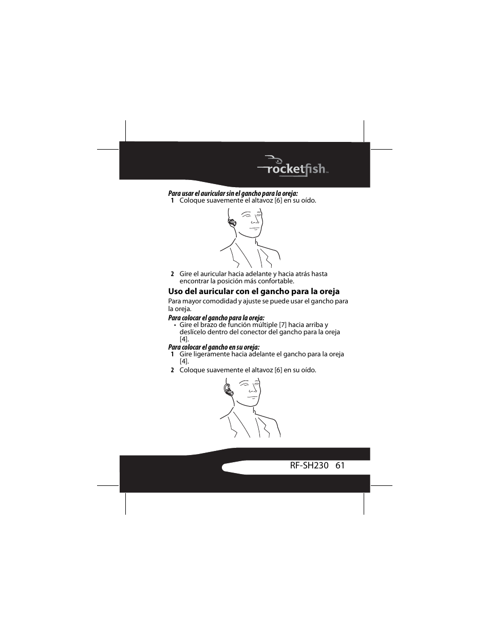 Uso del auricular con el gancho para la oreja | RocketFish RF-SH230 User Manual | Page 61 / 80