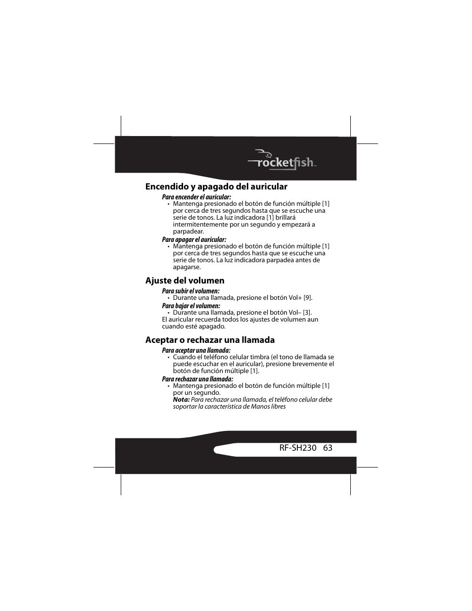 Encendido y apagado del auricular, Ajuste del volumen, Aceptar o rechazar una llamada | RocketFish RF-SH230 User Manual | Page 63 / 80