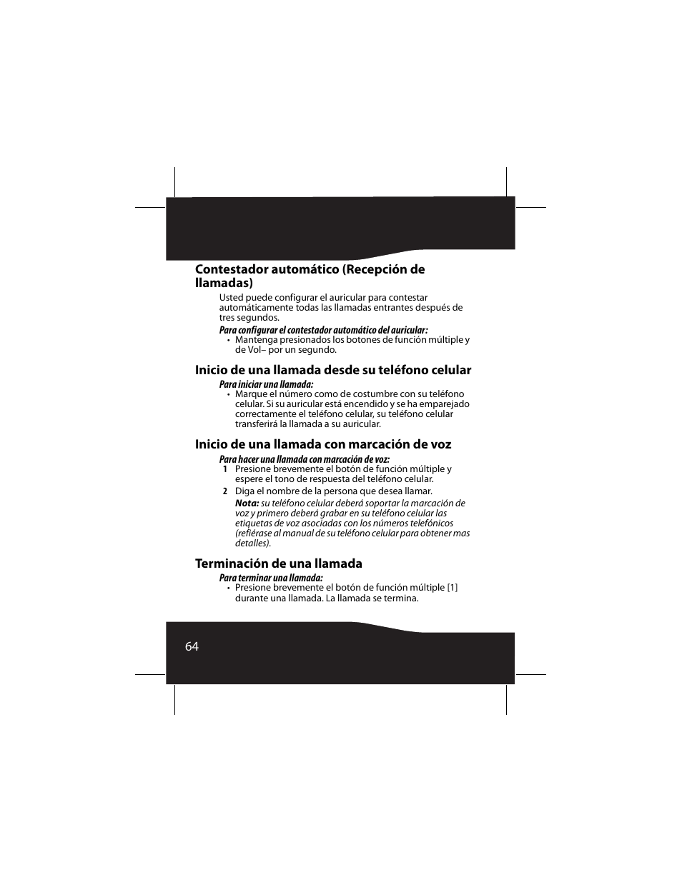 Contestador automático (recepción de llamadas), Inicio de una llamada desde su teléfono celular, Inicio de una llamada con marcación de voz | Terminación de una llamada | RocketFish RF-SH230 User Manual | Page 64 / 80