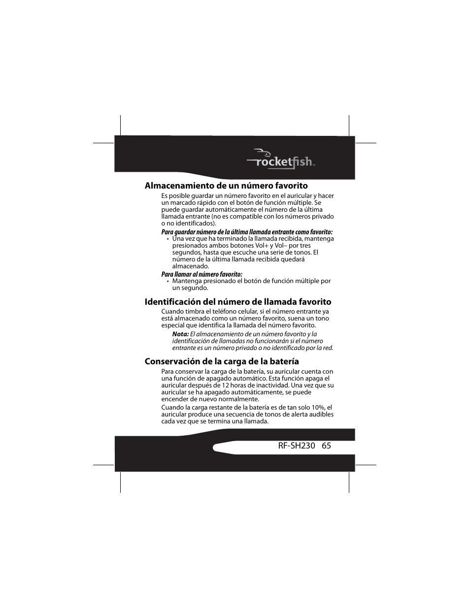 Almacenamiento de un número favorito, Identificación del número de llamada favorito, Conservación de la carga de la batería | RocketFish RF-SH230 User Manual | Page 65 / 80