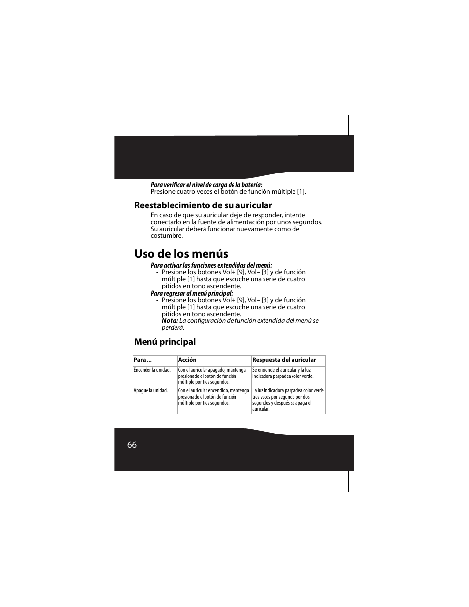 Reestablecimiento de su auricular, Uso de los menús, Menú principal | RocketFish RF-SH230 User Manual | Page 66 / 80