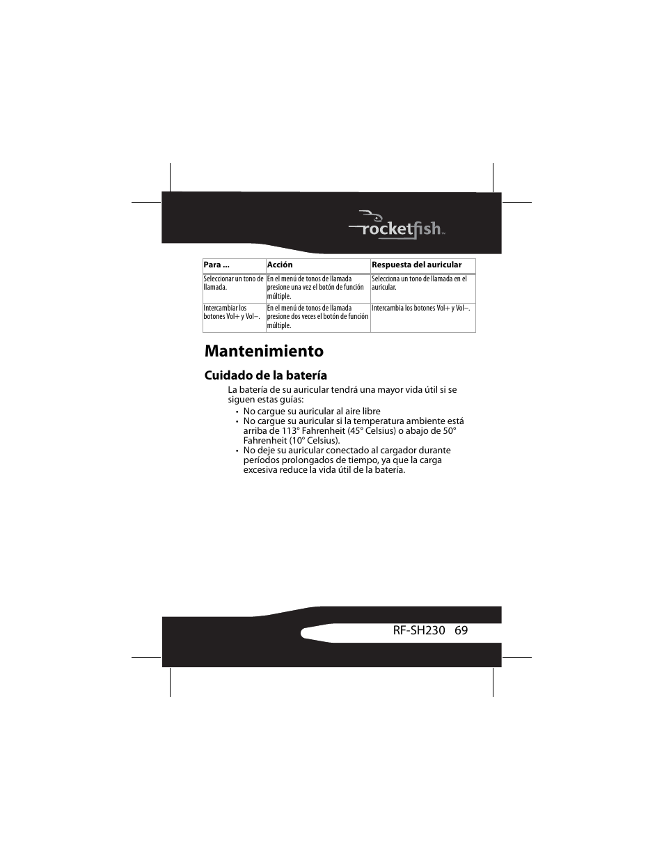 Mantenimiento, Cuidado de la batería | RocketFish RF-SH230 User Manual | Page 69 / 80