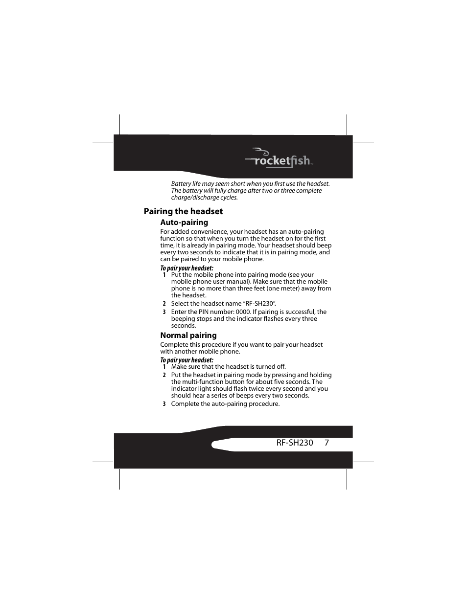 Pairing the headset, Auto-pairing, Normal pairing | RocketFish RF-SH230 User Manual | Page 7 / 80