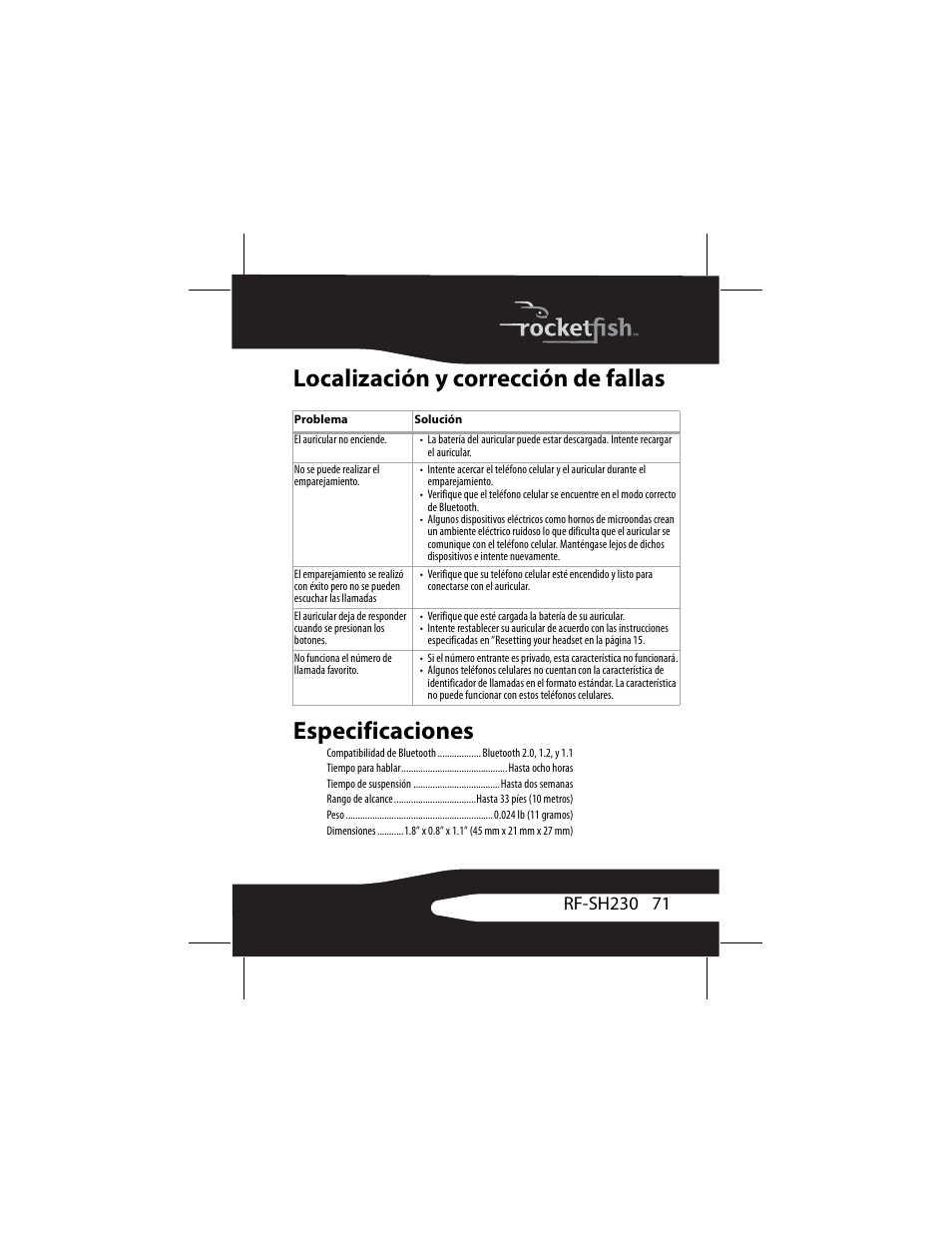 Localización y corrección de fallas, Especificaciones | RocketFish RF-SH230 User Manual | Page 71 / 80