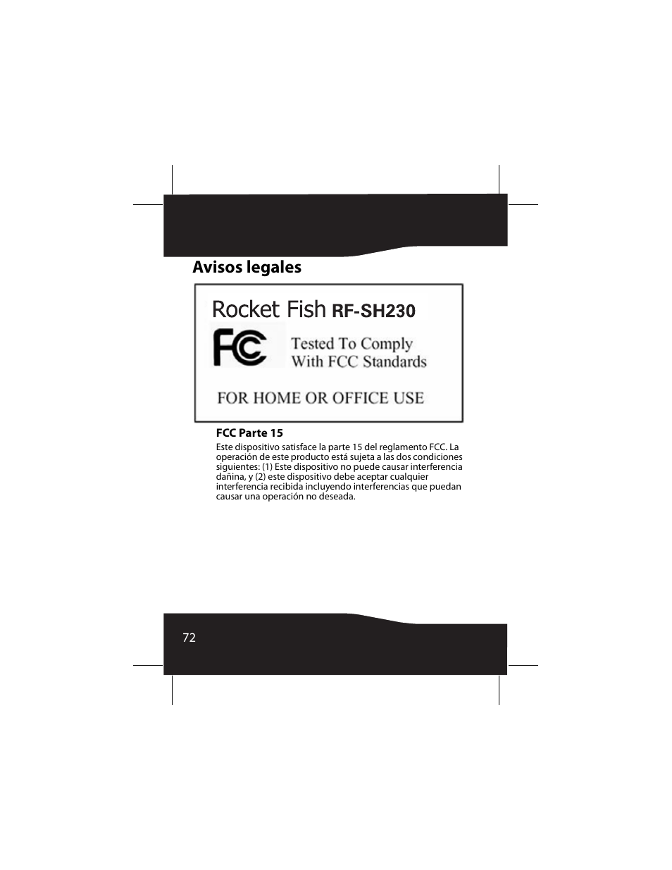Avisos legales, Fcc parte 15 | RocketFish RF-SH230 User Manual | Page 72 / 80