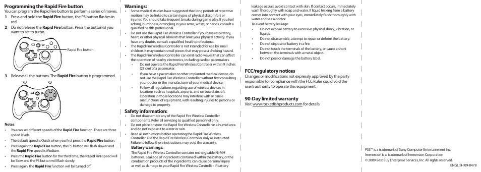 Programming the rapid fire button, Warnings, Safety information | Fcc/regulatory notices, Day limited warranty | RocketFish RF-GPS3101 User Manual | Page 2 / 2