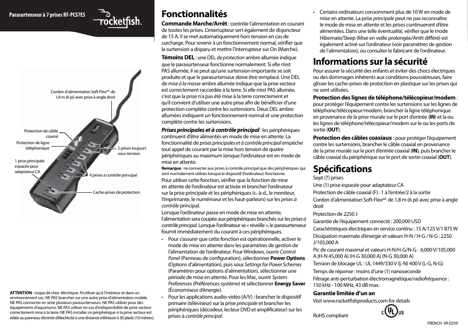 Fonctionnalités, Informations sur la sécurité, Spéciﬁ cations | RocketFish RF-PCS7ES User Manual | Page 2 / 3