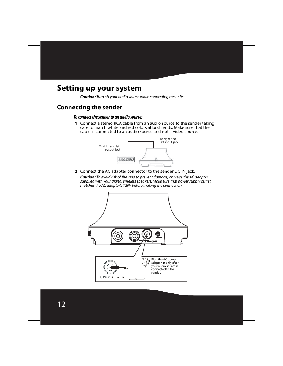 Setting up your system, Connecting the sender, 12 setting up your system | RocketFish RF-WS01 User Manual | Page 12 / 28