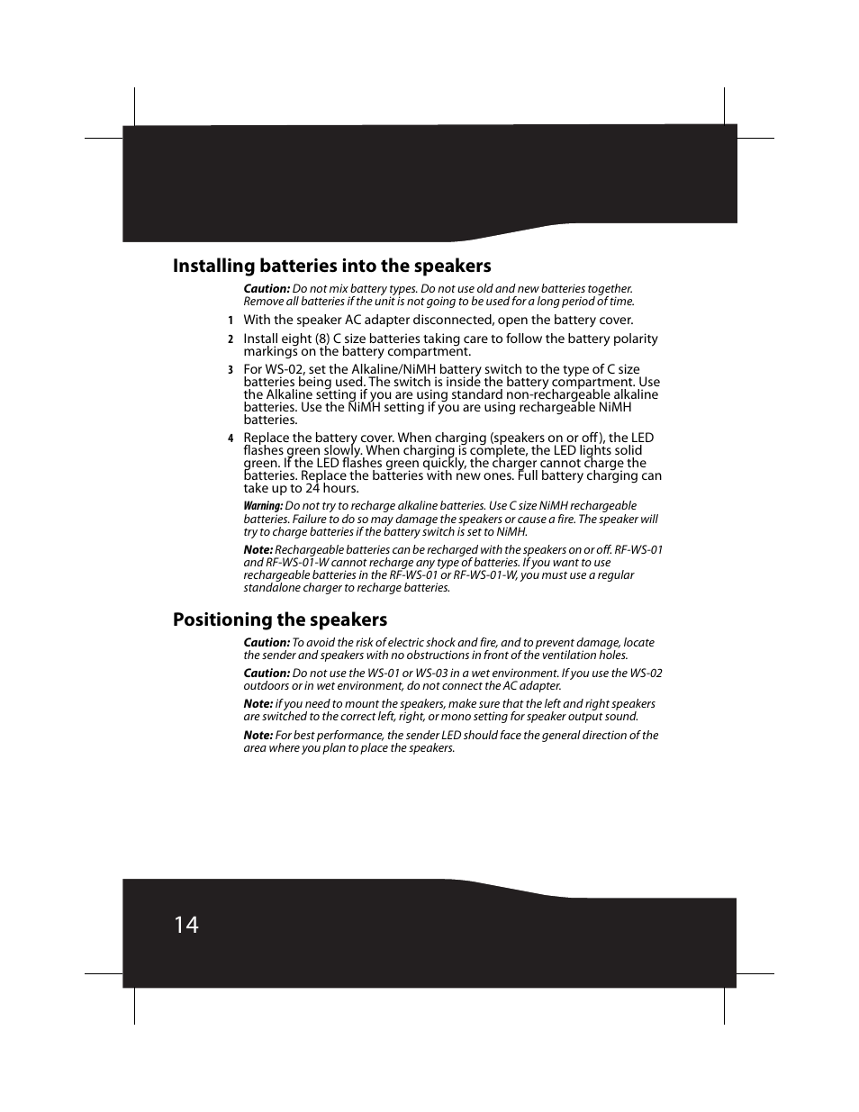 Installing batteries into the speakers, Positioning the speakers | RocketFish RF-WS01 User Manual | Page 14 / 28