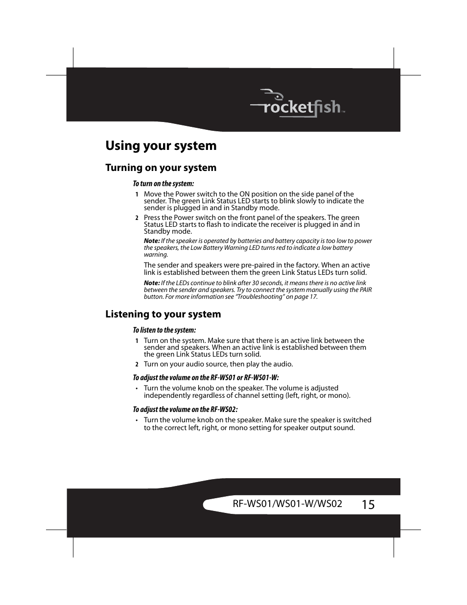 Using your system, Turning on your system, Listening to your system | RocketFish RF-WS01 User Manual | Page 15 / 28