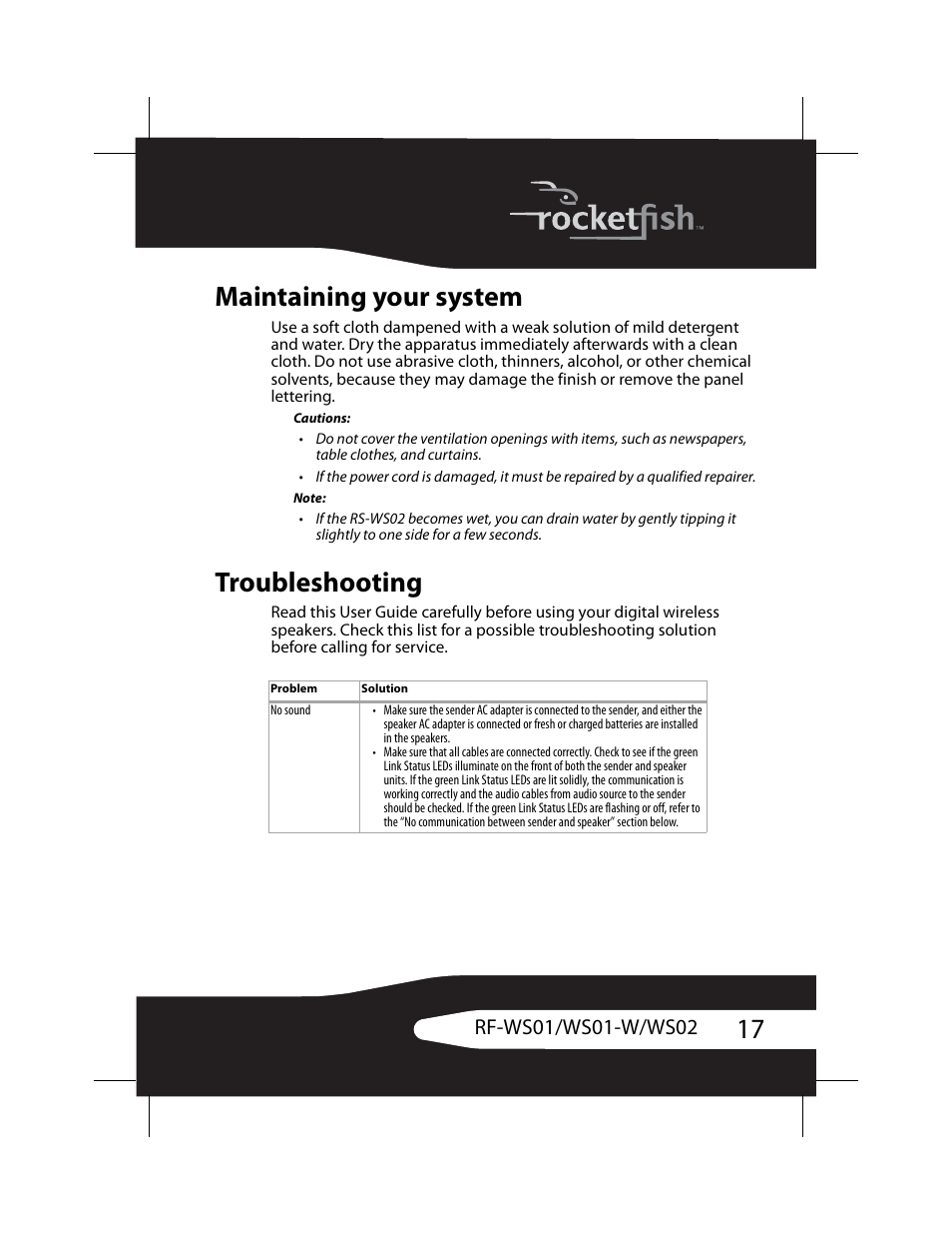 Maintaining your system, Troubleshooting, Maintaining your system troubleshooting | RocketFish RF-WS01 User Manual | Page 17 / 28