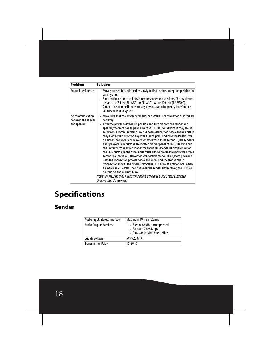 Specifications, Sender, 18 specifications | RocketFish RF-WS01 User Manual | Page 18 / 28