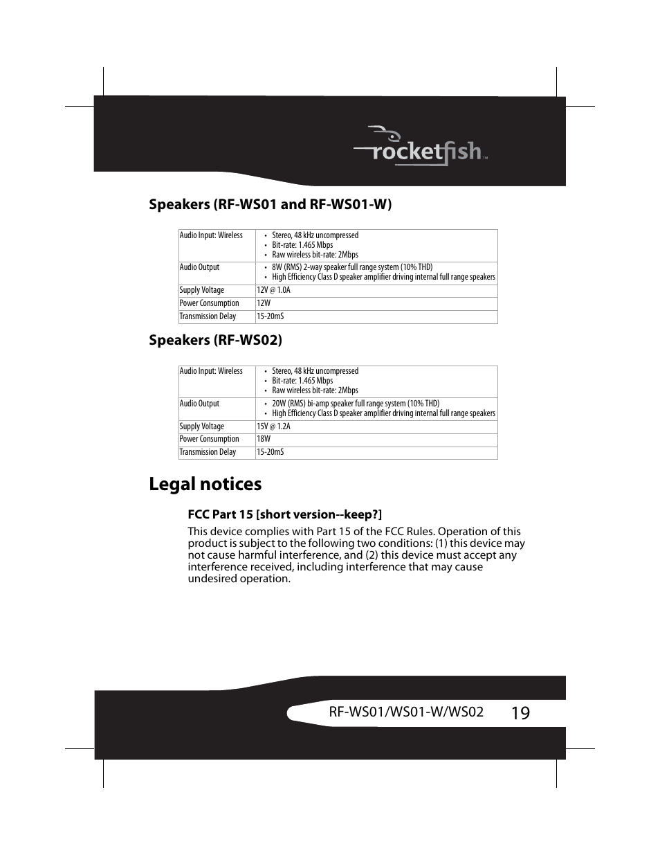 Speakers (rf-ws01 and rf-ws01-w), Speakers (rf-ws02), Legal notices | RocketFish RF-WS01 User Manual | Page 19 / 28