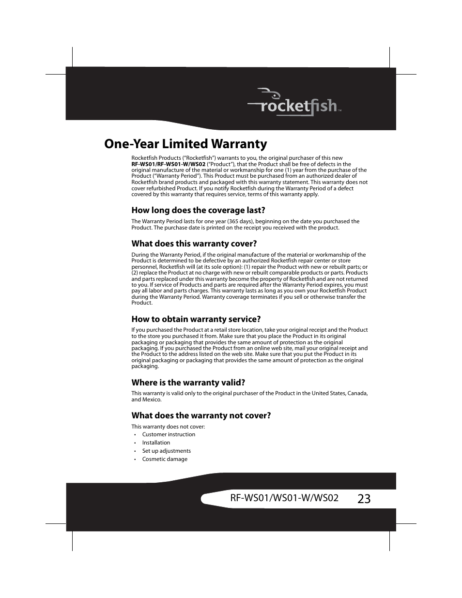 One-year limited warranty | RocketFish RF-WS01 User Manual | Page 23 / 28