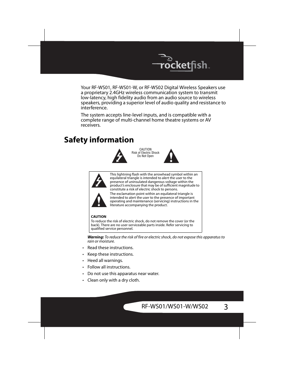 Safety information | RocketFish RF-WS01 User Manual | Page 3 / 28