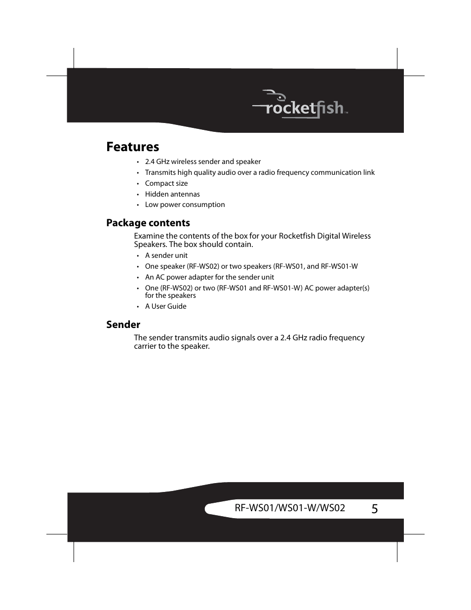 Features, Package contents, Sender | RocketFish RF-WS01 User Manual | Page 5 / 28