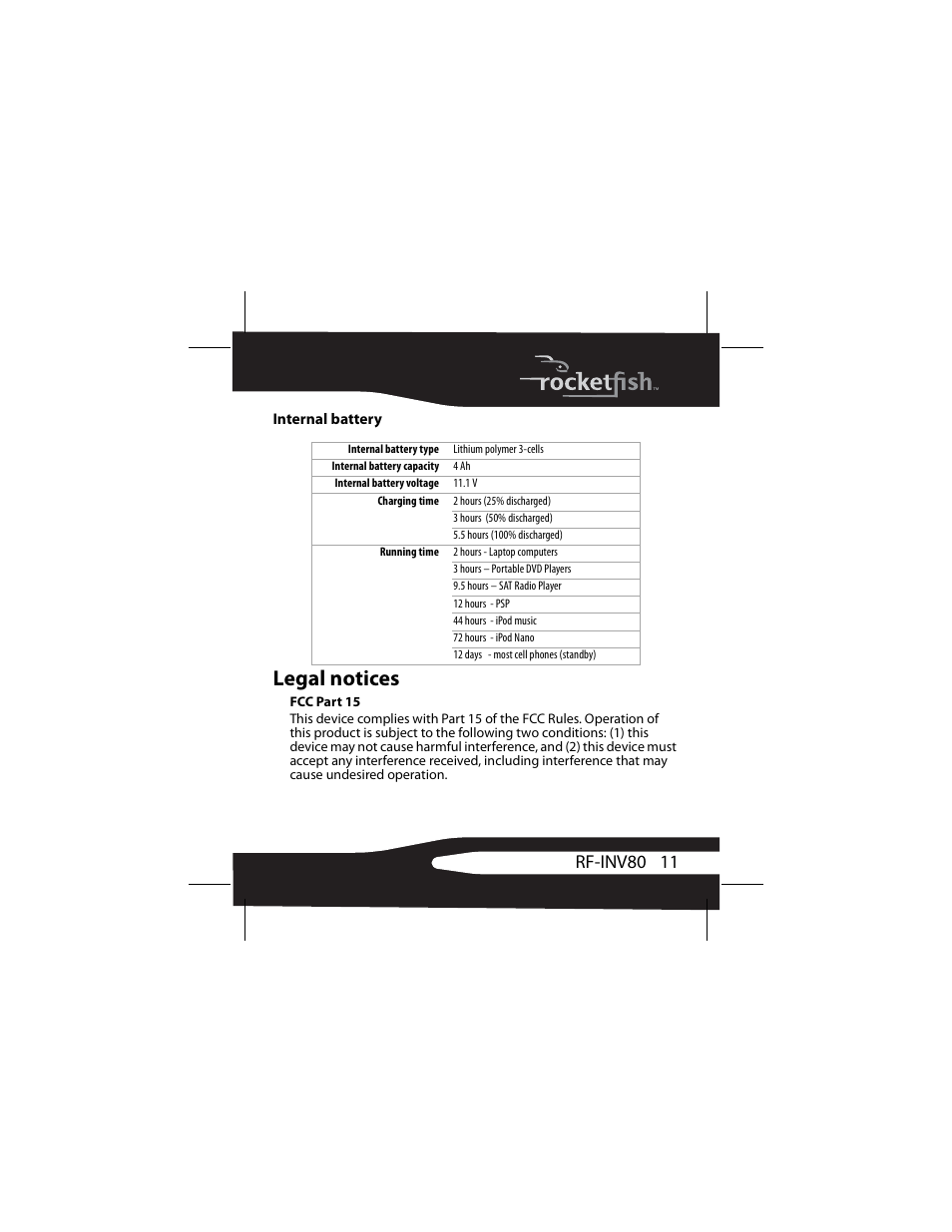 Internal battery, Legal notices, 11 rf-inv80 | RocketFish 3RF-INV80 User Manual | Page 11 / 56