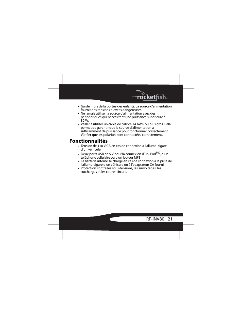 Fonctionnalités | RocketFish 3RF-INV80 User Manual | Page 21 / 56
