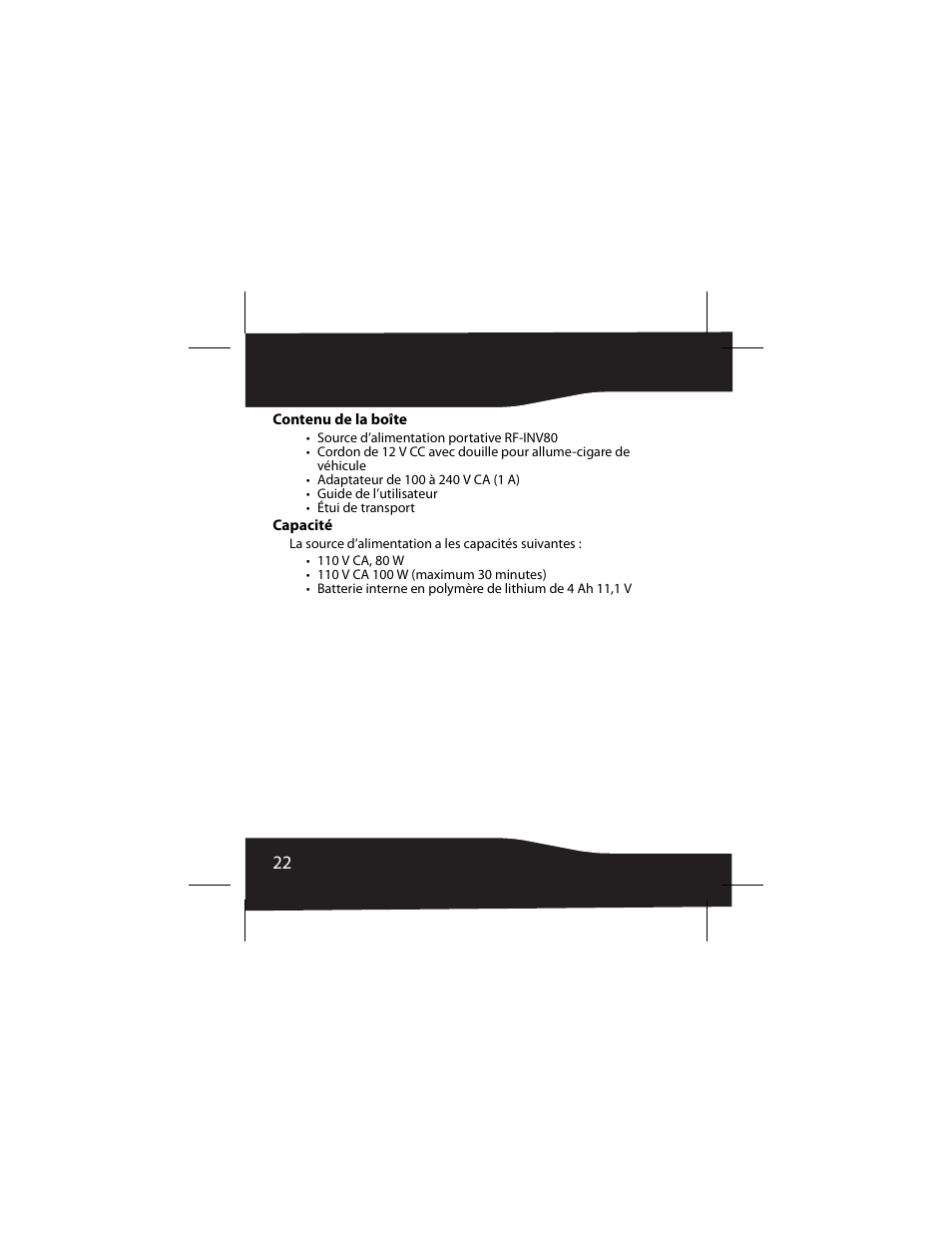 Contenu de la boîte, Capacité | RocketFish 3RF-INV80 User Manual | Page 22 / 56