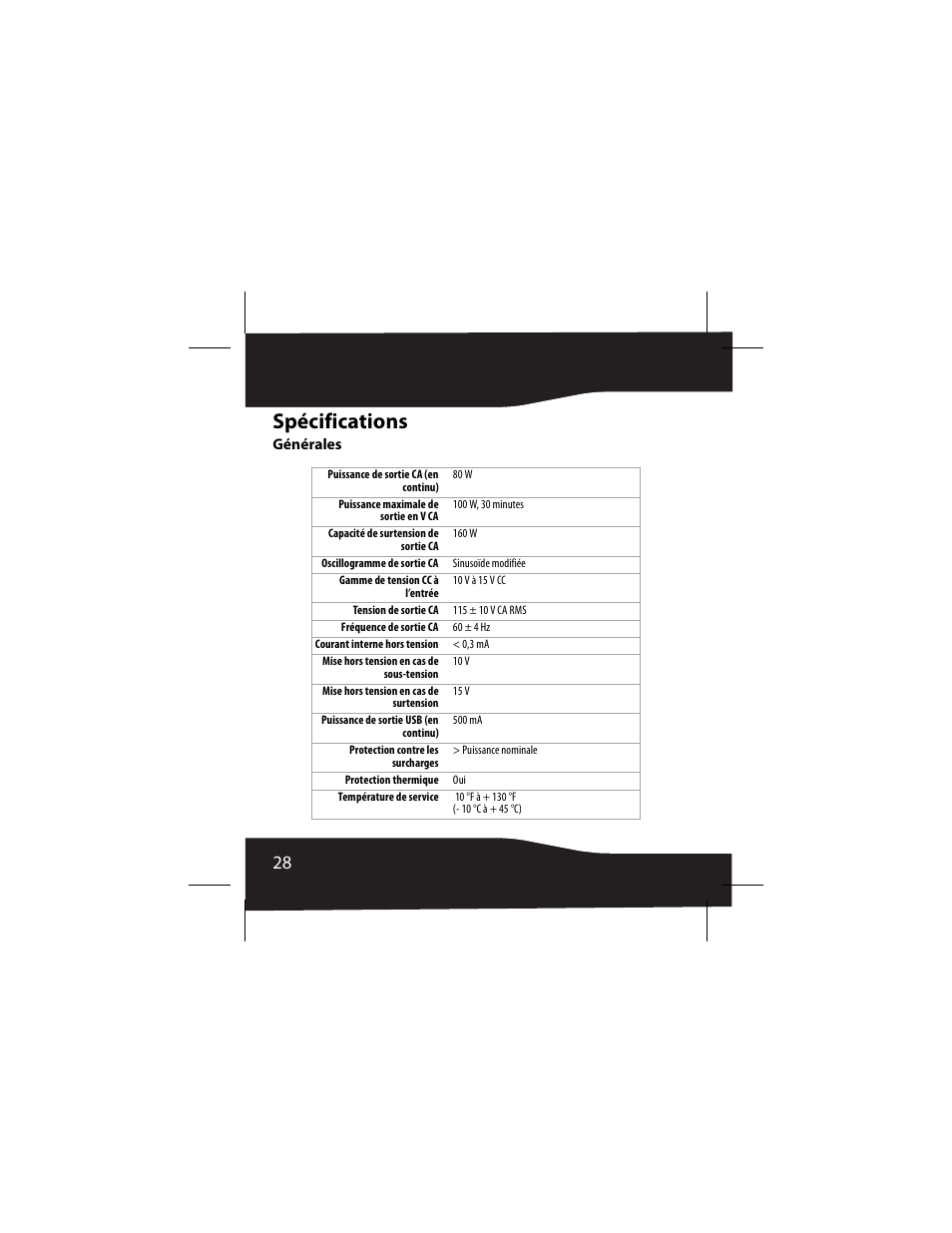 Spécifications, Générales | RocketFish 3RF-INV80 User Manual | Page 28 / 56