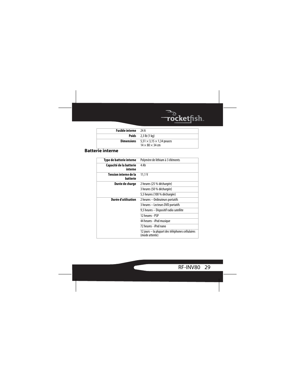 Batterie interne, 29 rf-inv80 | RocketFish 3RF-INV80 User Manual | Page 29 / 56