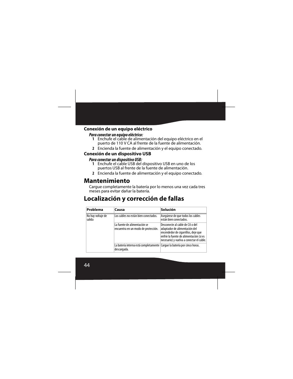 Conexión de un equipo eléctrico, Conexión de un dispositivo usb, Mantenimiento | Localización y corrección de fallas, Mantenimiento localización y corrección de fallas | RocketFish 3RF-INV80 User Manual | Page 44 / 56