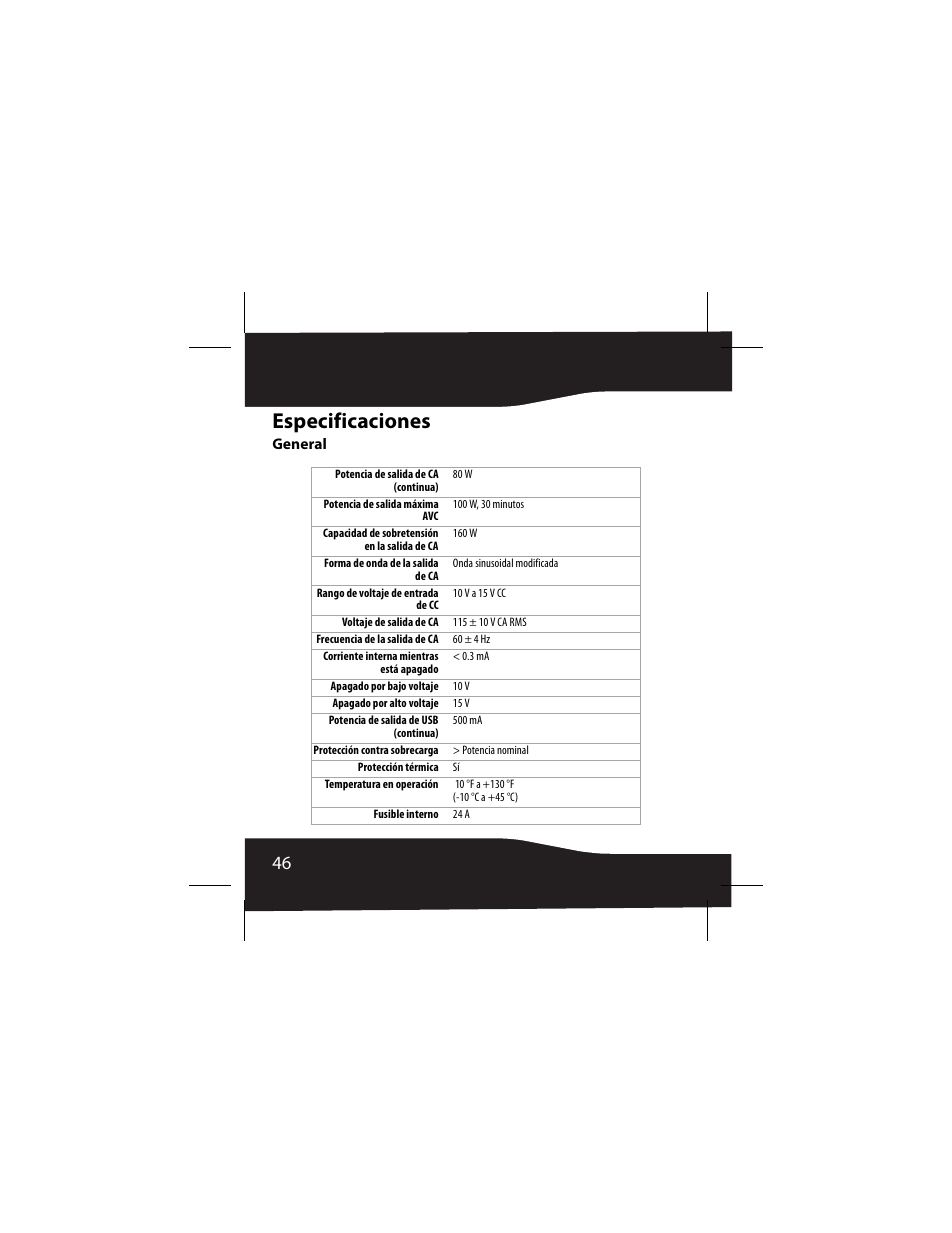 Especificaciones, General | RocketFish 3RF-INV80 User Manual | Page 46 / 56