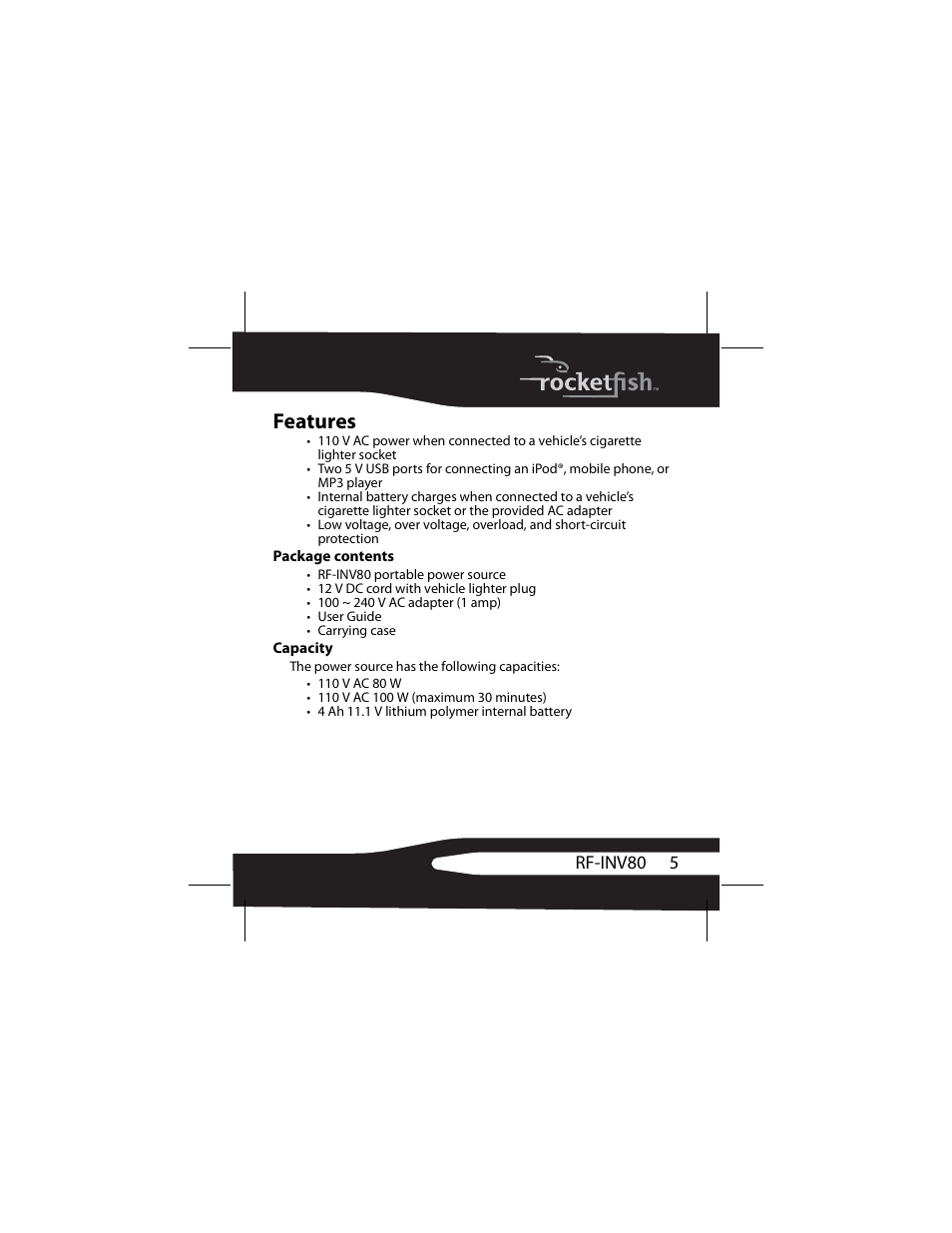 Features, Package contents, Capacity | RocketFish 3RF-INV80 User Manual | Page 5 / 56