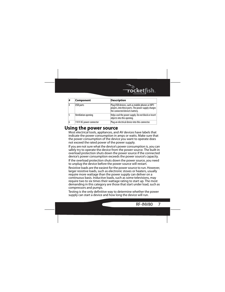 Using the power source, 7rf-inv80 | RocketFish 3RF-INV80 User Manual | Page 7 / 56