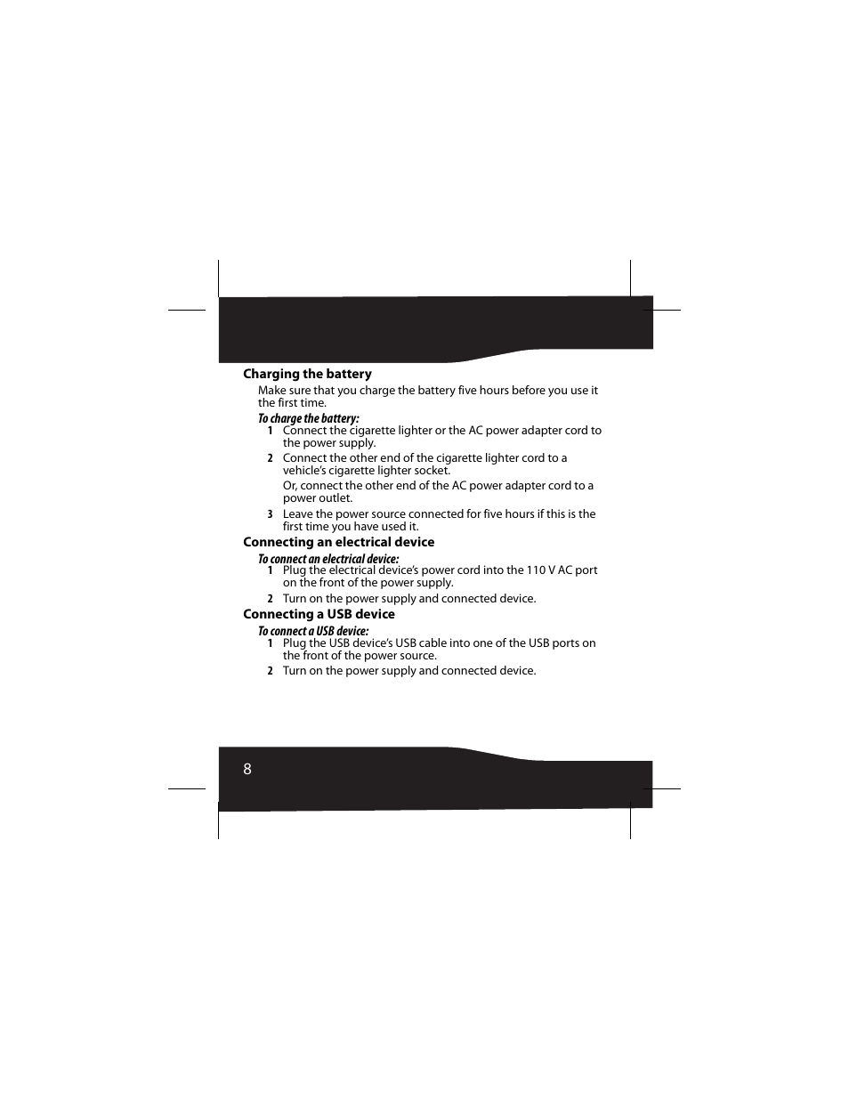 Charging the battery, Connecting an electrical device, Connecting a usb device | RocketFish 3RF-INV80 User Manual | Page 8 / 56