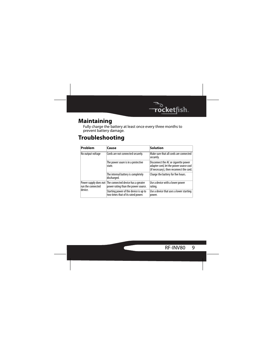 Maintaining, Troubleshooting, Maintaining troubleshooting | 9rf-inv80 | RocketFish 3RF-INV80 User Manual | Page 9 / 56