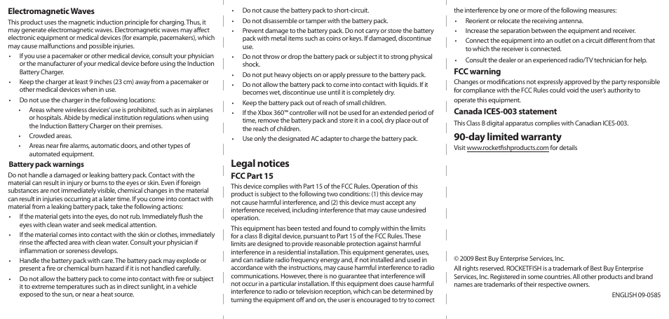 Legal notices, Day limited warranty, Electromagnetic waves | Fcc part 15, Fcc warning, Canada ices-003 statement | RocketFish RF-GXBX011 User Manual | Page 2 / 2