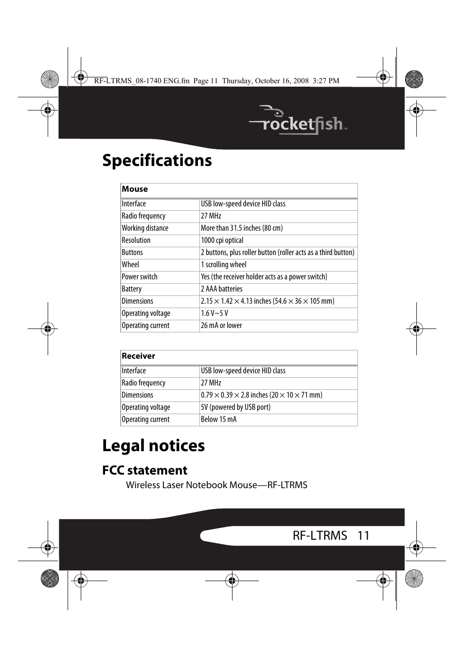 Specifications, Legal notices, Fcc statement | Specifications legal notices, 11 rf-ltrms | RocketFish RF-LTRMS User Manual | Page 11 / 16