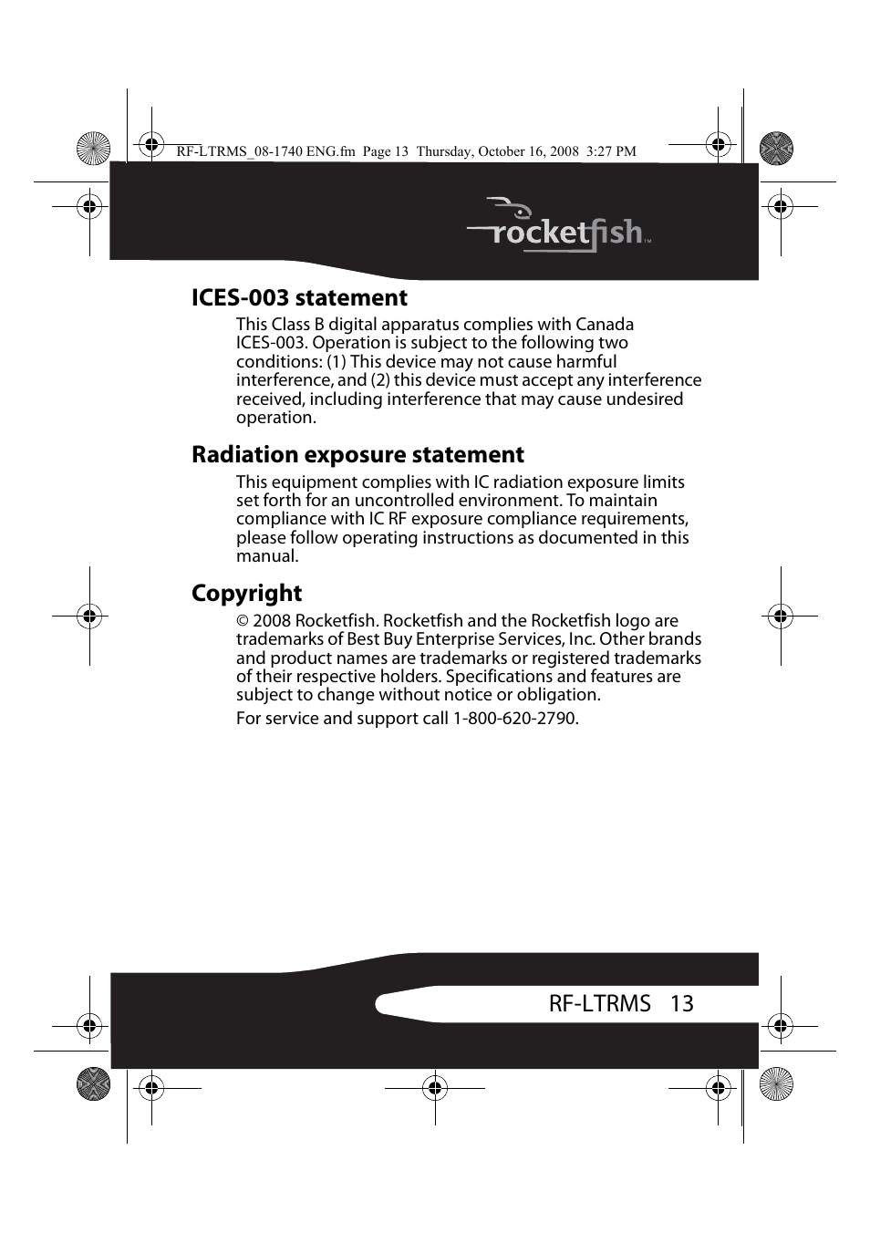 Ices-003 statement, Radiation exposure statement, Copyright | RocketFish RF-LTRMS User Manual | Page 13 / 16
