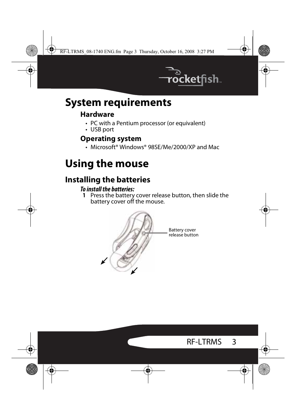 System requirements, Hardware, Operating system | Using the mouse, Installing the batteries, System requirements using the mouse | RocketFish RF-LTRMS User Manual | Page 3 / 16